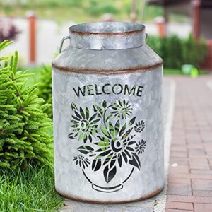 Exhart Solar “Welcome” Cute Pail Lantern, Outdoor LED Garden Light, Durable Stamped Metal, 5.5” X 8”