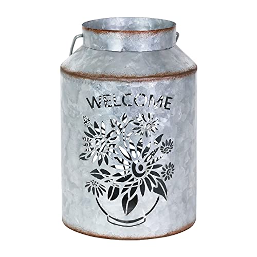 Exhart Solar “Welcome” Cute Pail Lantern, Outdoor LED Garden Light, Durable Stamped Metal, 5.5” X 8”