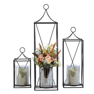 set of 3 tall metal lanterns 24’’ & 19’’ & 13’’ elegant decorative lantern with pillar candle holder, garden porch night indoor/outdoor for wedding décor, party, christmas (black)
