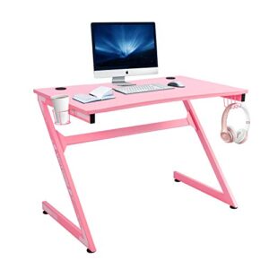 yigobuy pink gaming computer desk 43 inch barbie gaming table z shape black racing table student desk with& headphone hook for kids adults home office bedroom computer workstation