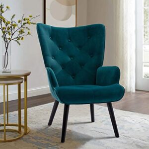 dolonm velvet accent chair modern tufted button wingback vanity chair with arms upholstered tall back desk chair with solid wood legs for living room bedroom waiting room(teal)