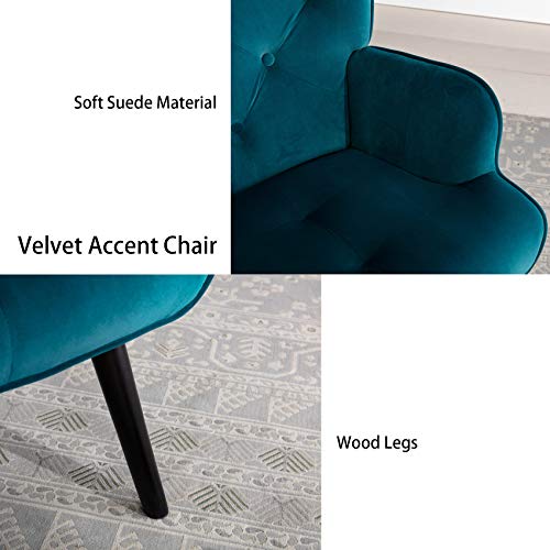 Dolonm Velvet Accent Chair Modern Tufted Button Wingback Vanity Chair with Arms Upholstered Tall Back Desk Chair with Solid Wood Legs for Living Room Bedroom Waiting Room(Teal)