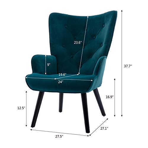 Dolonm Velvet Accent Chair Modern Tufted Button Wingback Vanity Chair with Arms Upholstered Tall Back Desk Chair with Solid Wood Legs for Living Room Bedroom Waiting Room(Teal)