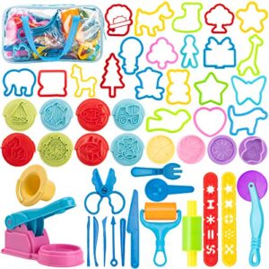 maykid dough tools for kids, 50pcs include assorted colors dough accessory molds rollers cutters scissors and storage bag