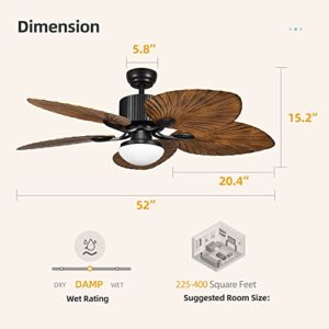 YITAHOME Tropical Ceiling Fan with LED Light and Remote Control 52 Inch Palm Reversible Fan Light with Memory Function 5 Leaf Blades and Balance Clips - Black