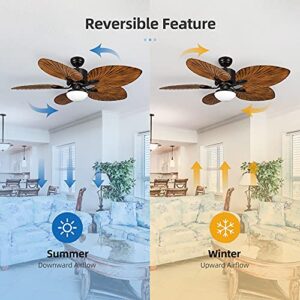 YITAHOME Tropical Ceiling Fan with LED Light and Remote Control 52 Inch Palm Reversible Fan Light with Memory Function 5 Leaf Blades and Balance Clips - Black