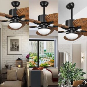 YITAHOME Tropical Ceiling Fan with LED Light and Remote Control 52 Inch Palm Reversible Fan Light with Memory Function 5 Leaf Blades and Balance Clips - Black