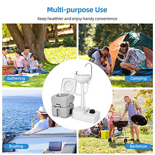 YITAHOME Portable Sink and Toilet, 17 L Hand Washing Station & 5.3 Gallon Flush Potty,for Outdoor,Camping, RV, Boat, Camper, Travel,Grey white