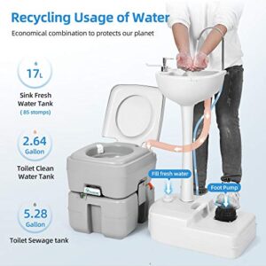 YITAHOME Portable Sink and Toilet, 17 L Hand Washing Station & 5.3 Gallon Flush Potty,for Outdoor,Camping, RV, Boat, Camper, Travel,Grey white