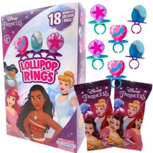 disney princess decorated lollipop rings, bulk flavored candy for birthday party favor, individually wrapped with assorted flavors,7.61 ounces, 18 count