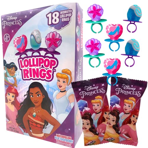 Disney Princess Decorated Lollipop Rings, Bulk Flavored Candy for Birthday Party Favor, Individually Wrapped With Assorted Flavors,7.61 ounces, 18 Count