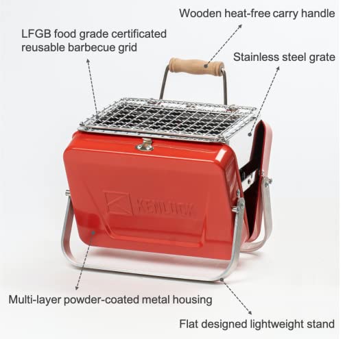 KENLUCK Mini Charcoal Grill, Portable Backpack Stainless Steel BBQ Grill, Table Top Collapsible Barbecue Grill for Small Patio and Backyard, Foldable Outdoor Accessories for Camping, Picnic, Beach (Lucky Gloss Red)