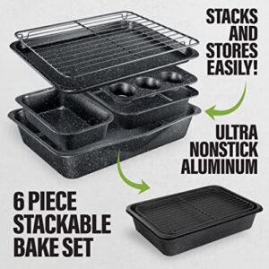 Granitestone Black 6 Pc Stackable Bakeware Set/Baking Pans Set Nonstick with Oven Pans + Baking Sheet Set and Wire Rack, Complete Baking Set for Kitchen, Oven/Dishwasher Safe, 100% Non Toxic