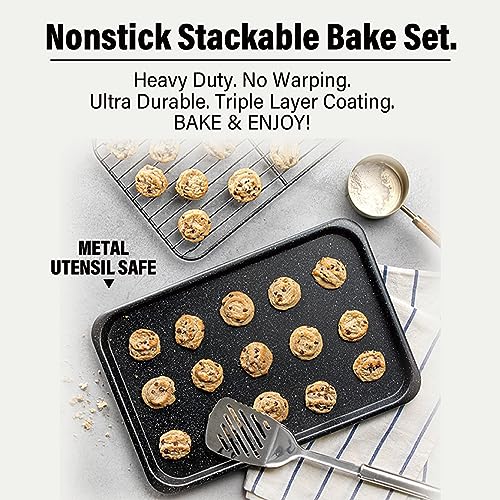 Granitestone Black 6 Pc Stackable Bakeware Set/Baking Pans Set Nonstick with Oven Pans + Baking Sheet Set and Wire Rack, Complete Baking Set for Kitchen, Oven/Dishwasher Safe, 100% Non Toxic