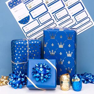 MAYPLUSS Wrapping Paper Set - Mini Roll with Bow & Ribbon & Gift Tags & Stickers - 17 inch X 120 inch Per roll - Royal Blue Design (42.3 sq.ft.TTL)