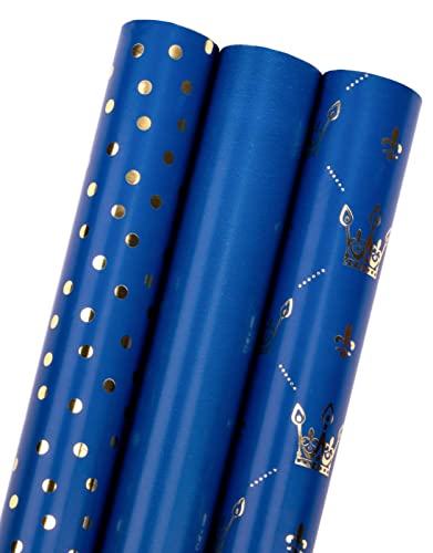 MAYPLUSS Wrapping Paper Set - Mini Roll with Bow & Ribbon & Gift Tags & Stickers - 17 inch X 120 inch Per roll - Royal Blue Design (42.3 sq.ft.TTL)