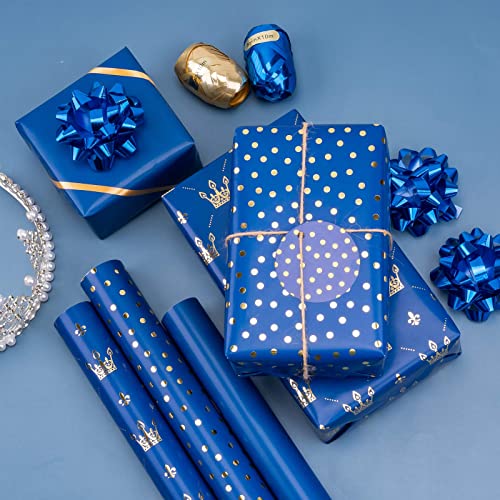 MAYPLUSS Wrapping Paper Set - Mini Roll with Bow & Ribbon & Gift Tags & Stickers - 17 inch X 120 inch Per roll - Royal Blue Design (42.3 sq.ft.TTL)
