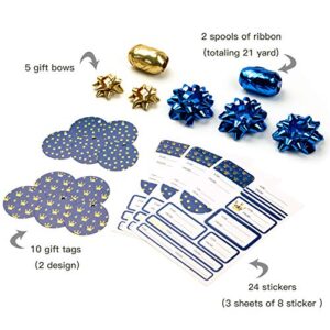 MAYPLUSS Wrapping Paper Set - Mini Roll with Bow & Ribbon & Gift Tags & Stickers - 17 inch X 120 inch Per roll - Royal Blue Design (42.3 sq.ft.TTL)