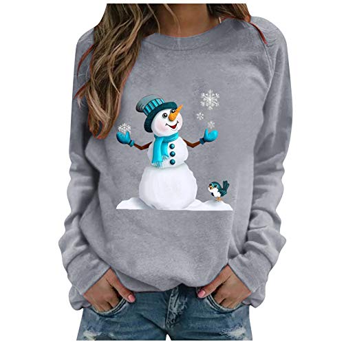 COOKI Christmas Pullover Sweatshirts for Womens Christmas Funny Snowman Print Crewneck Long Sleeve Sweater Casual Tops Shirts Gray