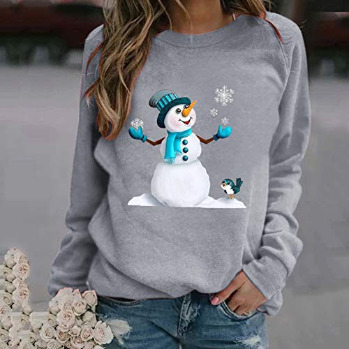 COOKI Christmas Pullover Sweatshirts for Womens Christmas Funny Snowman Print Crewneck Long Sleeve Sweater Casual Tops Shirts Gray