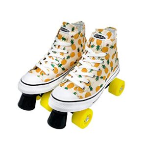 haserd roller skates for women with bags- adjustable double row canvas roller skates for girls strawberry and pineapple themed design- quad wheel high top canvas sneaker style (pineapple, 8)