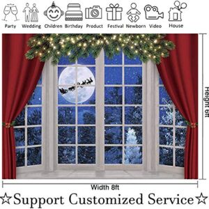 Allenjoy 8x6ft Christmas Window Photography Backdrop Winter Wonderland Snow Tree Starry Sky Moon Reindeer Santa Xmas Photocall Background Party Banner Decor Baby Kids Family Photo Shoot Booth Props