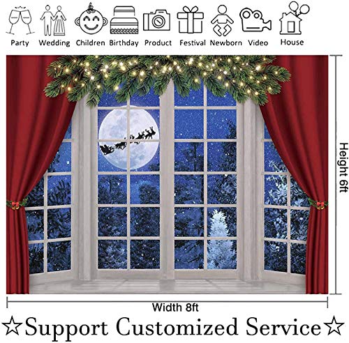 Allenjoy 8x6ft Christmas Window Photography Backdrop Winter Wonderland Snow Tree Starry Sky Moon Reindeer Santa Xmas Photocall Background Party Banner Decor Baby Kids Family Photo Shoot Booth Props