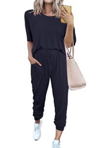 prettygarden women's two piece outfit short sleeve pullover with drawstring long pants tracksuit jogger set (navy,large)