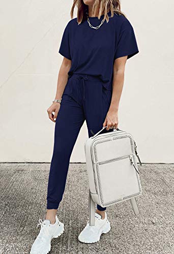 PRETTYGARDEN Women's Two Piece Outfit Short Sleeve Pullover with Drawstring Long Pants Tracksuit Jogger Set (Navy,Large)