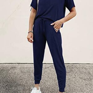 PRETTYGARDEN Women's Two Piece Outfit Short Sleeve Pullover with Drawstring Long Pants Tracksuit Jogger Set (Navy,Large)