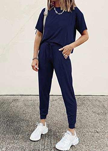 PRETTYGARDEN Women's Two Piece Outfit Short Sleeve Pullover with Drawstring Long Pants Tracksuit Jogger Set (Navy,Large)