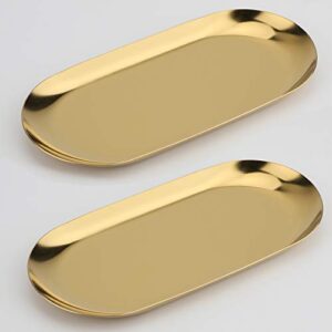 stainless steel decorative tray, set of 2, 7 inch long, jewelry dish cosmetics organizer bathroom clutter serving platter small storage tray, oval, gold