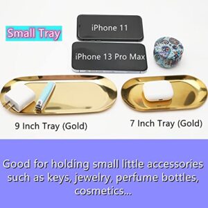 Stainless Steel Decorative Tray, Set of 2, 7 Inch Long, Jewelry Dish Cosmetics Organizer Bathroom Clutter Serving Platter Small Storage Tray, Oval, Gold