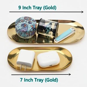 Stainless Steel Decorative Tray, Set of 2, 7 Inch Long, Jewelry Dish Cosmetics Organizer Bathroom Clutter Serving Platter Small Storage Tray, Oval, Gold