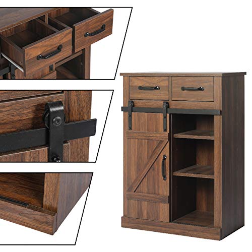 Wood Wall Storage Cabinet with Sliding Barn Door, Accent Kitchen Sideboard Coffee Bar, 2 Drawers, 5 Adjustable Shelves, for Kitchen, Living Room, Bedroom, Industrial, Rustic Brown (Dark Brown)