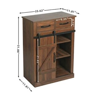 Wood Wall Storage Cabinet with Sliding Barn Door, Accent Kitchen Sideboard Coffee Bar, 2 Drawers, 5 Adjustable Shelves, for Kitchen, Living Room, Bedroom, Industrial, Rustic Brown (Dark Brown)