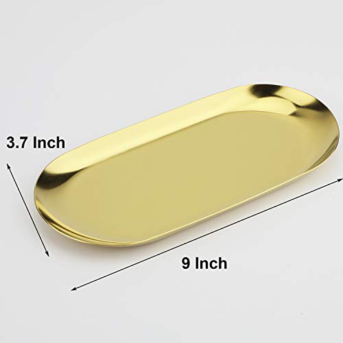 Stainless Steel Decorative Tray, Set of 2, 9 Inch Long, Jewelry Dish Cosmetics Organizer Bathroom Clutter Serving Platter Small Storage Tray, Oval, Gold