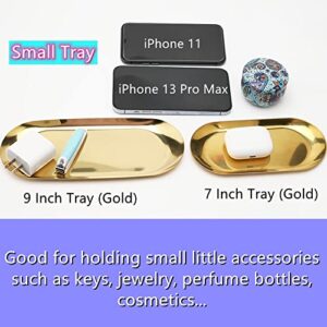 Stainless Steel Decorative Tray, Set of 2, 9 Inch Long, Jewelry Dish Cosmetics Organizer Bathroom Clutter Serving Platter Small Storage Tray, Oval, Gold