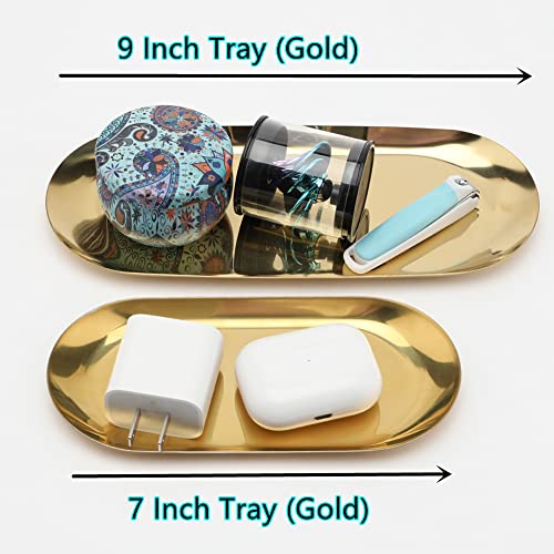 Stainless Steel Decorative Tray, Set of 2, 9 Inch Long, Jewelry Dish Cosmetics Organizer Bathroom Clutter Serving Platter Small Storage Tray, Oval, Gold