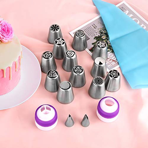 47 Pcs Russian Piping Tips Set, 12 Flower Frosting Nozzles Icing Tips for Cake Decorating Tips Kit, Baking Supplies for Cookie Cupcake, 2 Leaf Piping Tips 2 Couplers 30 Pastry Baking Bags YLYL