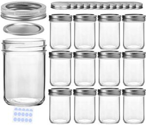 kamota diy glass mason jars with bands, 8 oz, ideal for jam, spice, honey, wedding , shower favors, 12 pack, extra 12 regular lids & 20 whiteboard labels