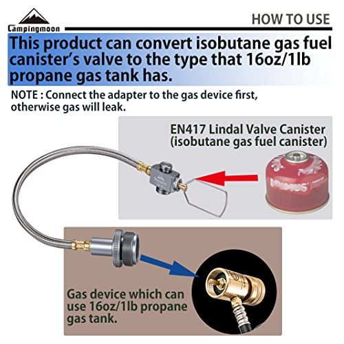 CAMPINGMOON Camping Grill Propane Gas Stove Adapter with Extend Hose(11.8"/30cm), Input: EN417 Lindal Valve Canister, Output: Propane Gas Stove Z29-30