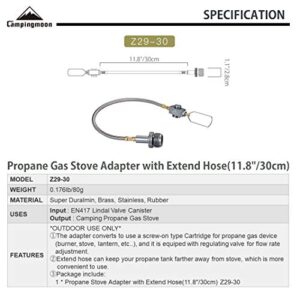 CAMPINGMOON Camping Grill Propane Gas Stove Adapter with Extend Hose(11.8"/30cm), Input: EN417 Lindal Valve Canister, Output: Propane Gas Stove Z29-30