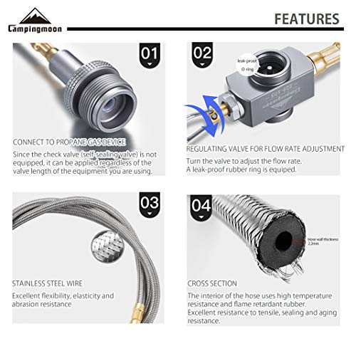 CAMPINGMOON Camping Grill Propane Gas Stove Adapter with Extend Hose(11.8"/30cm), Input: EN417 Lindal Valve Canister, Output: Propane Gas Stove Z29-30