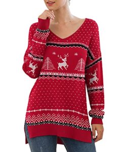 grecerelle women's fall and winter long sleeve side split loose casual pullover christmas sweater tunic tops fp xmas elk red-large