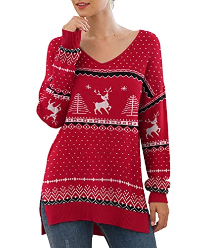 GRECERELLE Women's Fall and Winter Long Sleeve Side Split Loose Casual Pullover Christmas Sweater Tunic Tops FP Xmas Elk Red-Large