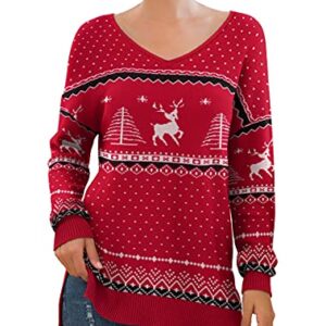 GRECERELLE Women's Fall and Winter Long Sleeve Side Split Loose Casual Pullover Christmas Sweater Tunic Tops FP Xmas Elk Red-Large