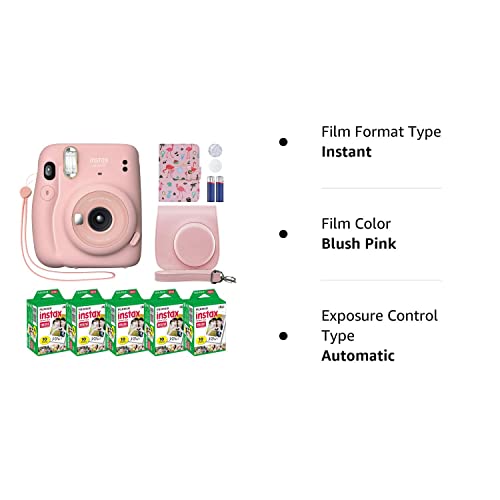 Fujifilm Instax Mini 11 Instant Camera Blush Pink + Custom Case + Fuji Instax Film Value Pack (50 Sheets) Flamingo Designer Photo Album for Photos