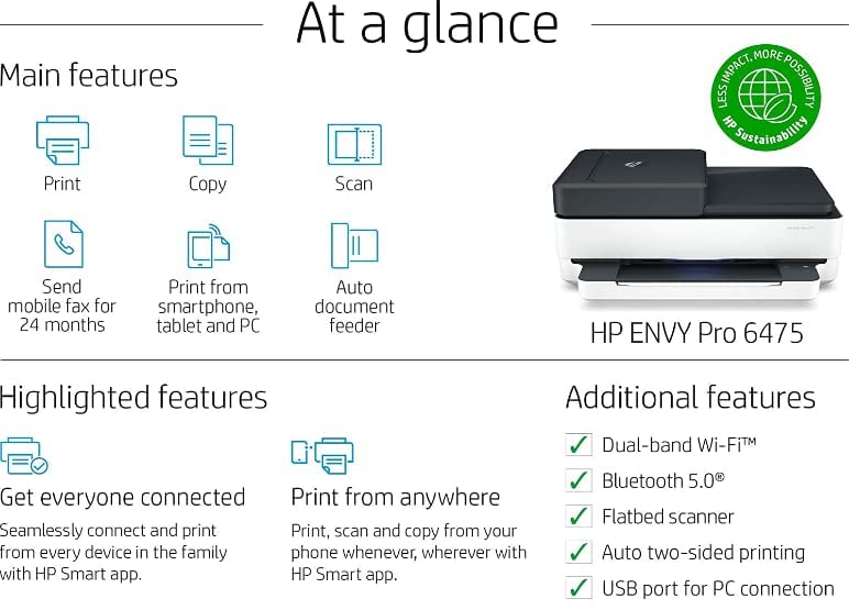 HP Envy Pro 6475 Wireless All-in-One Printer, Mobile Print, Scan & Copy, Compatible with Alexa (8QQ86A) (Renewed)