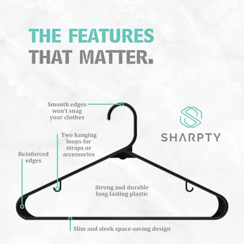 Sharpty Plastic Hangers Clothes Hangers for Clothing, Closet, Coats & Shirts - Durable, Thick, Tough & Space Saving - for Everyday Standard Use, Room Essentials & Basics - 20 Pack - Black